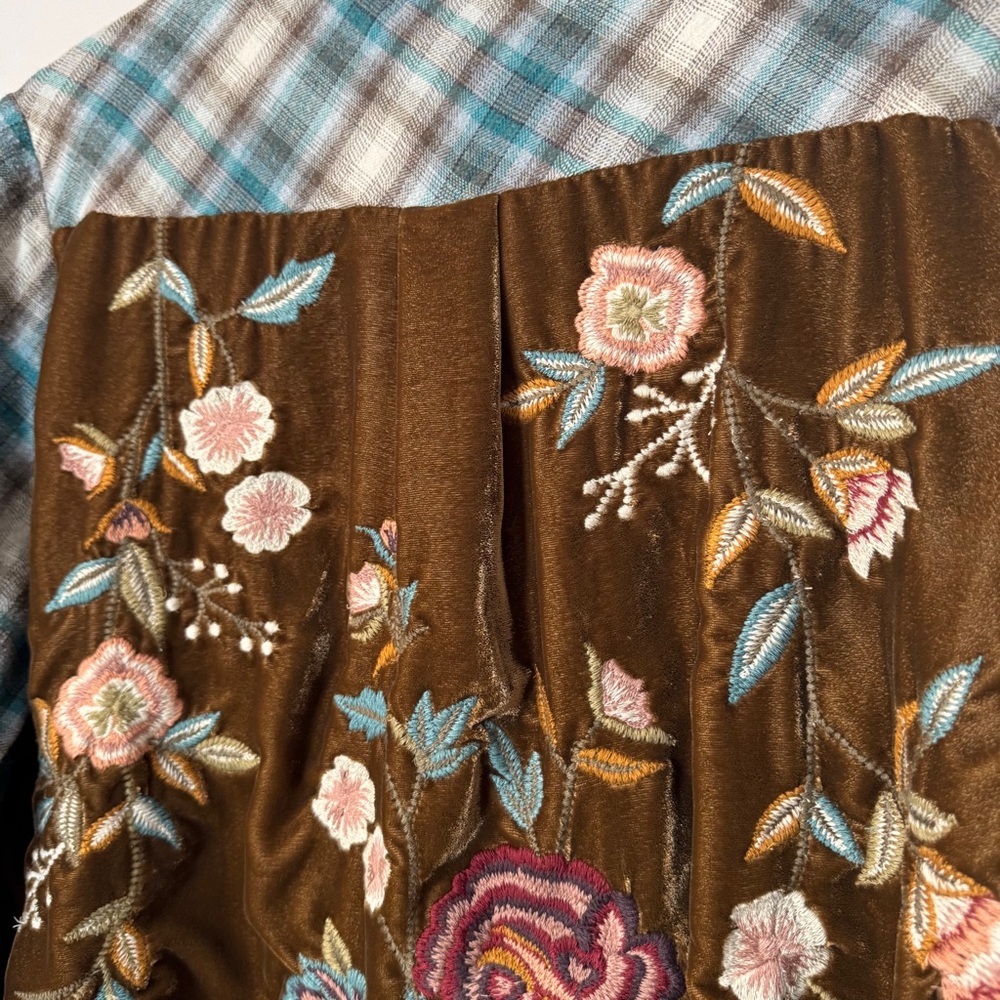 Kyla Seo Plaid Velvet Embroidered Back Button Up Tunic Top Boho Size XXL - Picture 9 of 14